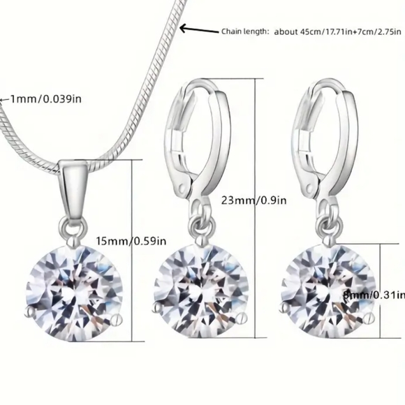 3pcs Earrings Rope Necklace Elegant Jewelry Set 925 Sterling Silver CZ - Picture 2 of 2